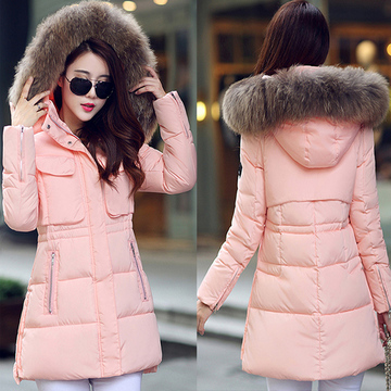 2015冬韩版斗篷学生女款潮女大毛领修身中长款羽绒服粉色甜美新款