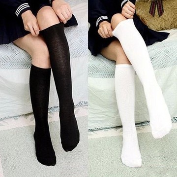 日系中筒袜学生袜子膝下堆袜及膝袜校服制服cos袜小腿袜黑白色纯