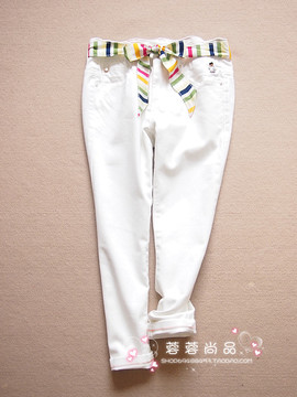 韩国风夏季女装新款有七彩腰绳带装饰波浪花瓣腰白色小脚7分裤女