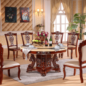 新款欧式圆餐桌椅组合大理石圆形餐桌实木象牙白饭桌餐厅家具
