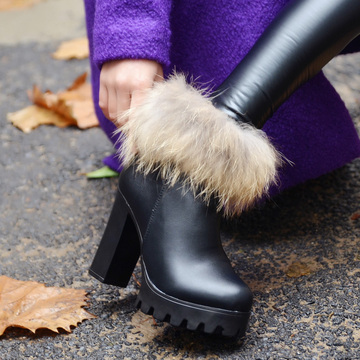 2015冬季粗跟短靴女雪地靴厚底坡跟狐狸毛高跟鞋及裸靴马丁靴棉鞋