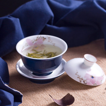 景德镇陶瓷茶杯 敬茶碗茶盏功夫茶具 薄胎纯手工手绘五彩三才盖碗