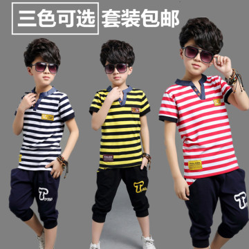童装男童夏季2016新款儿童潮韩版中大童条纹短袖时尚运动休闲套装