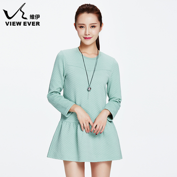 VIEW EVER/维伊2015年秋装新款纯色圆领长袖连衣裙女气质修身显瘦