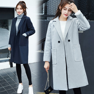 2016韩版新款呢子大衣秋冬季女士中长款加棉加厚直筒毛呢风衣外套