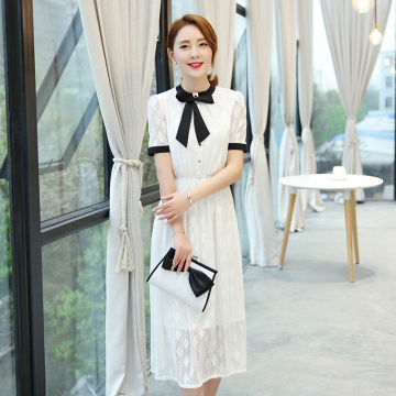 韩版高档女裙洞洞蕾丝裙2016夏装新品显瘦立领短袖连衣裙白色长裙