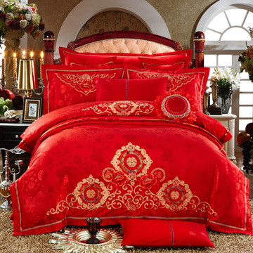 婚庆四件套大红色全棉贡缎提花结婚床上六八十件套纯棉床上用品