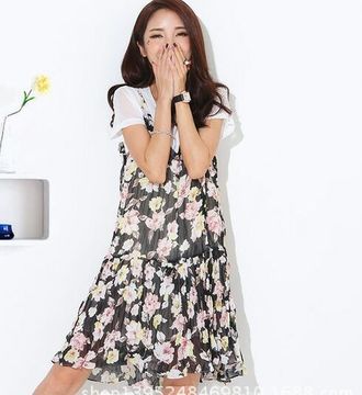 2015夏季新款韩版T恤+吊带背心印花裙两件套裙中长款宽松腰雪纺裙