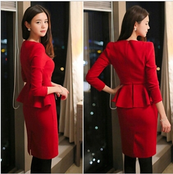 欧美复古小香风修身包臀红色燕尾礼服长袖连衣裙假两件套2015新款