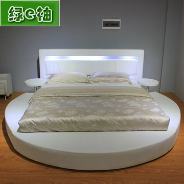 现代真皮床创意个性圆床皮艺床新款软体床双人床时尚婚床 带LED灯