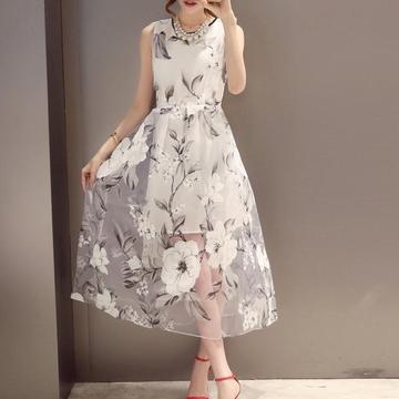 2016韩系新款夏装欧根纱连衣裙夏季印花气质无袖仙女大群摆长裙