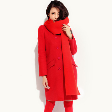 2015韩国秋冬新款女装呢子大衣韩版中长款红色宽松厚羊毛呢外套女