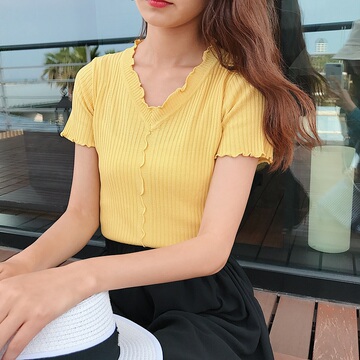 2017夏季新款韩版木耳边条纹短袖针织衫女装冰丝上衣宽松打底衫潮