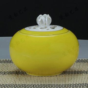 红黄兰三色描金陶瓷罐 陶瓷茶叶罐密封带盖 高档茶叶包装盒瓷罐