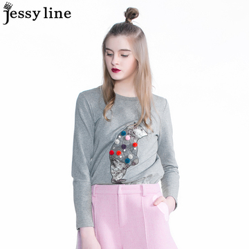 jessy line2016秋装新款 杰茜莱字母卡通装饰百搭长袖T恤 女上衣