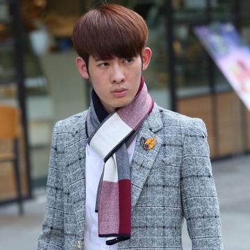 新款冬季韩版男士围巾高档英伦格子进口羊毛羊绒拼色长款加厚围脖