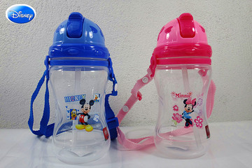 正品迪士尼儿童吸管杯软嘴防漏米奇创意翻盖幼儿杯带提绳HM2401