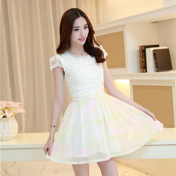 2015夏季新款纯色小清新花色蕾丝修身短袖连衣裙