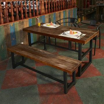 包邮正品铁艺美式餐桌 实木长凳椅复古做旧 客厅办公组合餐厅家具