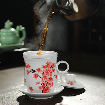 正品景德镇茶杯陶瓷带盖过滤泡茶杯办公杯会议个人水杯青花瓷茶具