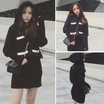 秋冬季新款2015韩版中长款拼接黑白大口袋百搭连帽卫衣宽松上衣女