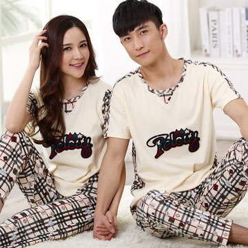 夏季韩国情侣睡衣纯棉卡通格子男女可爱短袖长裤家居服套装加大码