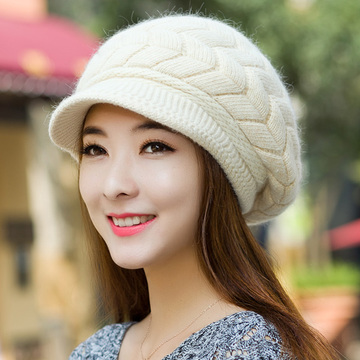 女士韩版秋冬天针织鸭舌贝雷帽子毛线帽兔毛帽潮冬季加厚保暖护耳
