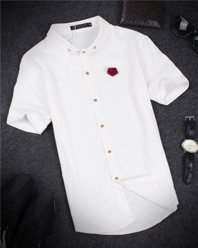 2015夏季新款男装韩版修身短袖衬衣提花可拆卸花朵衬衫男