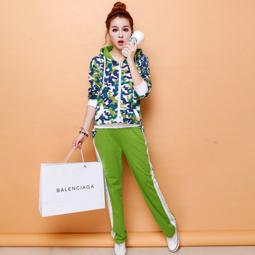 春季新款韩版长袖迷彩时尚修身休闲女式运动潮服纯棉卫衣两件套装