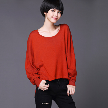 2016秋季新品韩版女羊毛短款显身圆领蝙蝠式纯色拼接套头衫外套