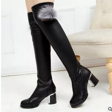 2015新款韩版冬粗跟过膝黑色长靴女加棉保暖骑士靴毛球欧美女靴子