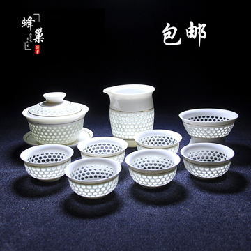 最新款蜂巢玲珑茶具整套 功夫茶具套装镂空陶瓷盖碗茶壶茶具定制