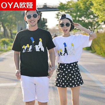 情侣装夏装2016新款韩版短袖T恤宽松套装两件套卡通印花学生上衣