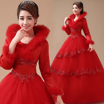 2015新款冬季棉婚纱长袖韩版保暖新娘结婚冬装婚纱礼服齐地红色