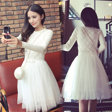 韩国2015早秋季新品修身显瘦女士蕾丝拼接网纱白色针织长袖连衣裙