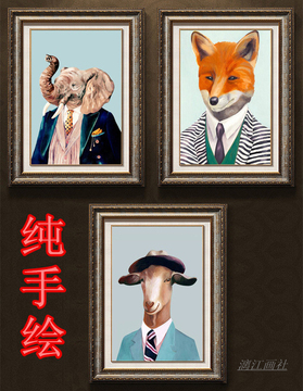 动物大象狐狸山羊现代创意装饰画家庭儿童房挂画手绘抽象油画定制