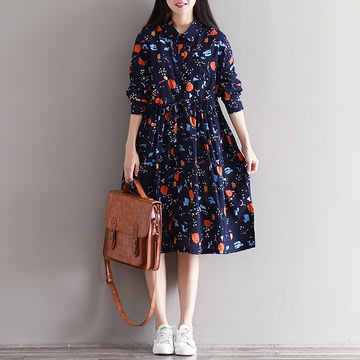 2016秋装新款韩版女装系带收腰翻领大码单排扣森林系印花连衣裙