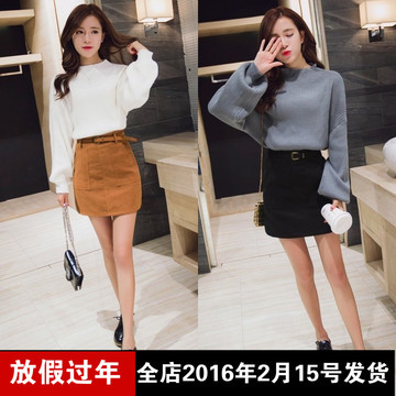 韩版时尚套装裙2015秋冬针织连衣裙套头毛衣+口袋短裙两件套女装