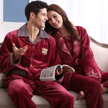 2015秋冬季新婚红色结婚情侣睡衣男女士法兰绒套装长袖喜庆家居服