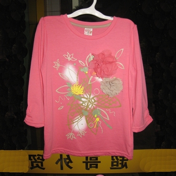 0613春装新品中大女童中袖圆领西瓜红花朵纯棉T恤体恤