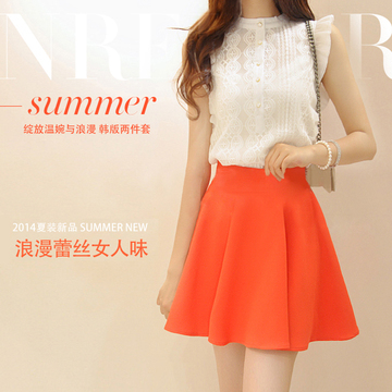 夏季新款2015无袖蕾丝衫上衣韩版休闲两件套装半身裙子大码女装潮