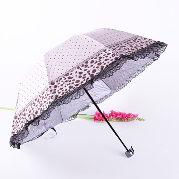 包邮韩版拱形蕾丝边豹纹防紫外线阿波罗韩国晴雨伞折叠两用黑胶伞