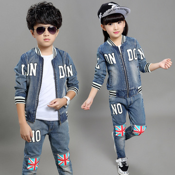 童装2016春季新款男童女童时尚韩版字母米字旗牛仔两件套装