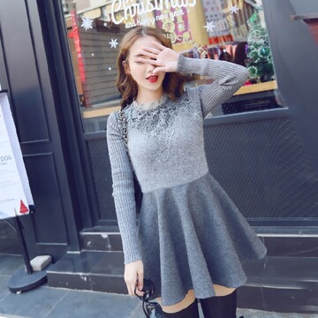 2015秋冬新款 韩版时尚蕾丝拼接毛呢连衣裙