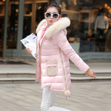 冬季新款韩版针织时尚真毛领连帽羽绒服甜美显瘦大码中长款棉衣女