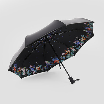 小黑伞碎花自动遮阳伞女黑胶防晒防紫外线折叠太阳伞定制晴雨两用