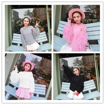 2016韩版冬季新款长袖时尚淑女气质蕾丝拼接百搭毛衣套头针织衫