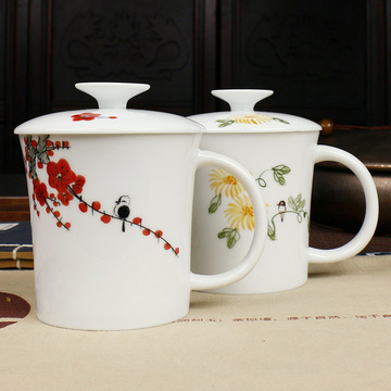 玉瓷带把带盖内胆过滤 办公室茶杯会议杯 色釉手绘式泡茶水杯子