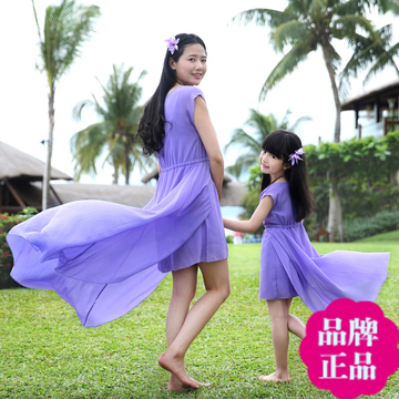 女大童连衣裙夏装儿童装中童紫色雪纺公主裙夏季小学生母女亲子装