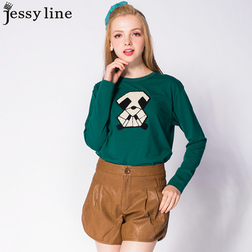 jessy line2015秋装新款 杰茜莱甜美百搭可爱卡通绿色长袖T恤 女
